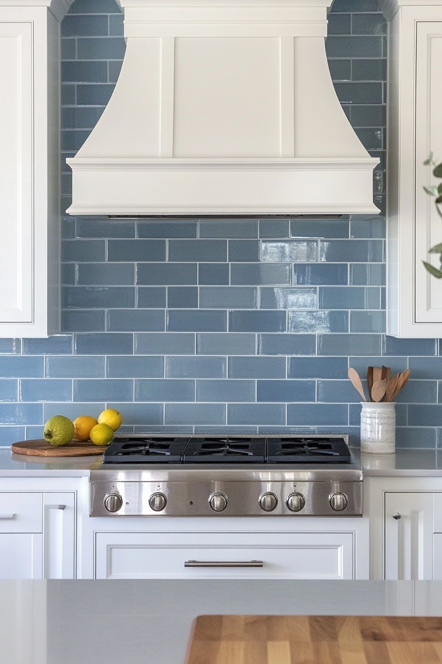 Coastal modern kitchen. Blue subway tile backsplash, white cabinets.