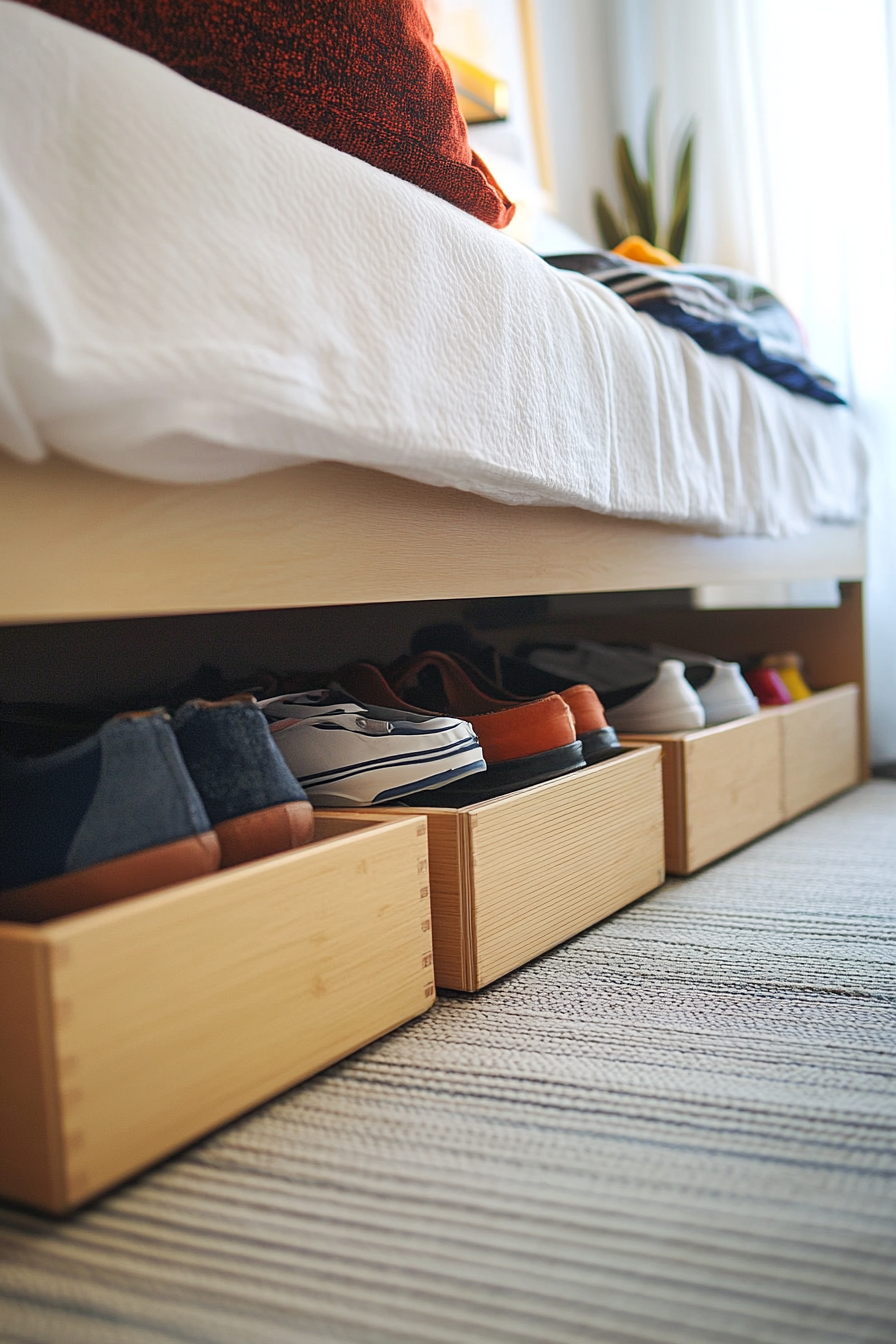 Small apartment storage idea. Under bed storage boxes.