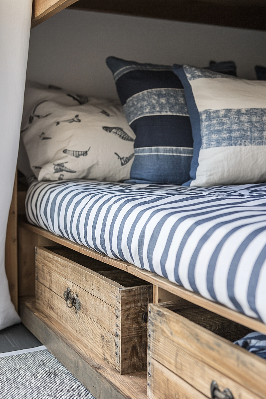 Small apartment storage idea. Under-bed boxes with nautical stripes.