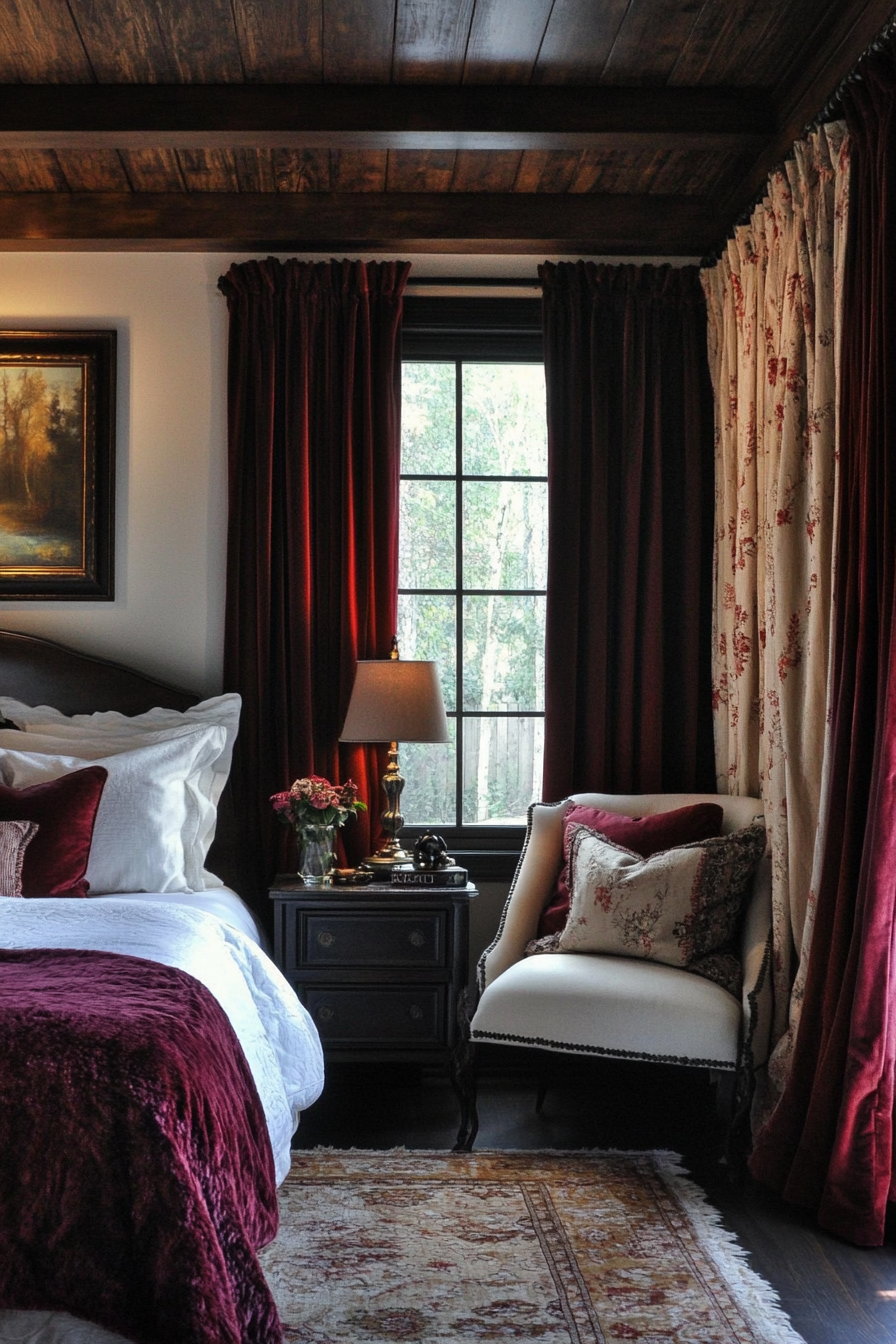 Fall bedroom. Art Deco-rustic design with burgundy velvet curtains.