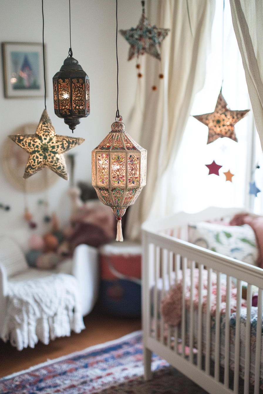 Whimsical nursery. Bohemian-themed with Moroccan lanterns and star-patterned mobile.