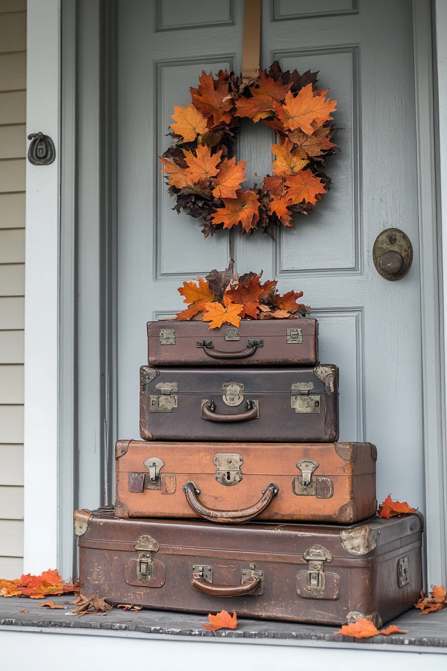 Fall porch design. Stack of antique suitcases with an orange maple wreath.