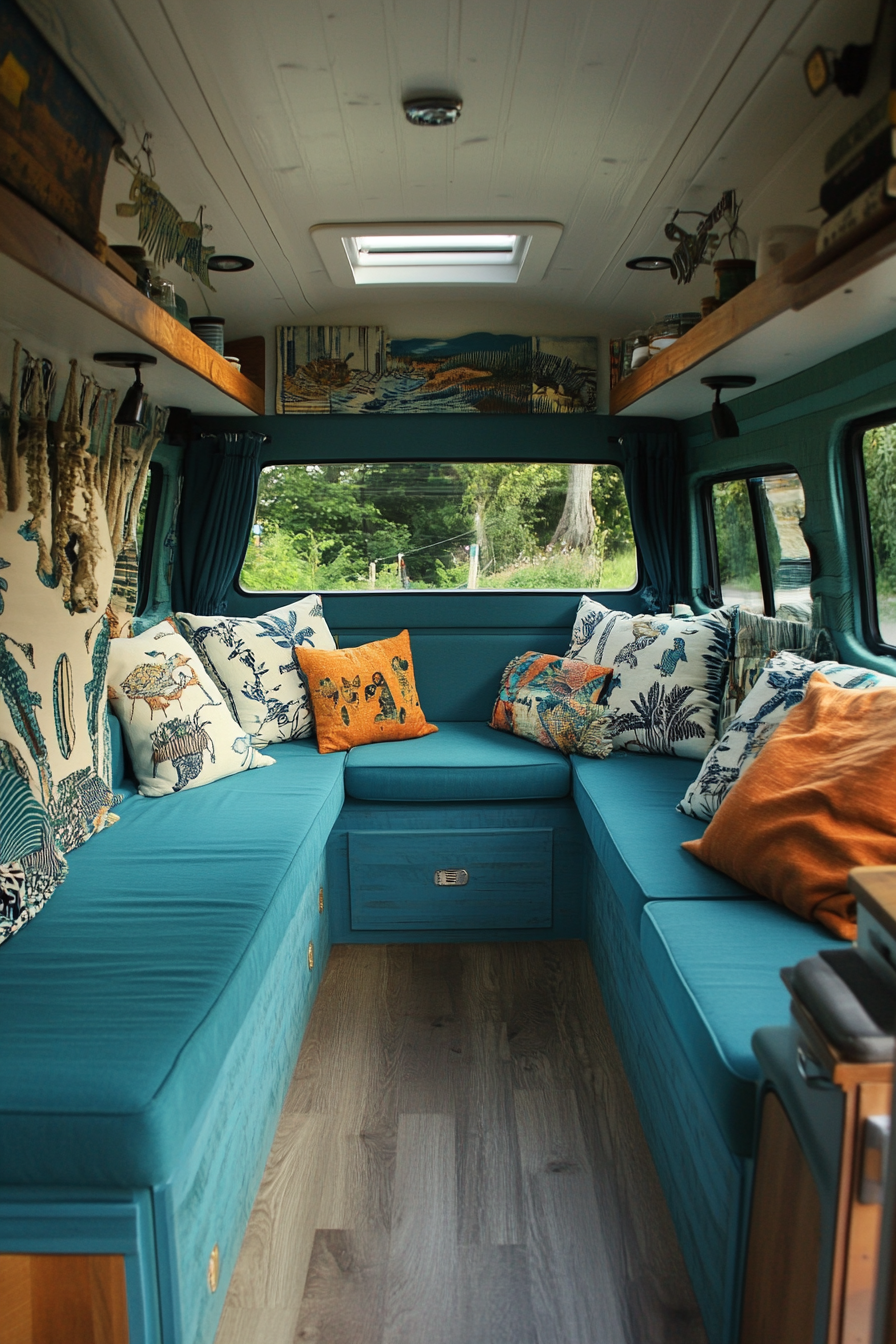 Camper van interior. Maritime-themed decor with teal colored upholstery.