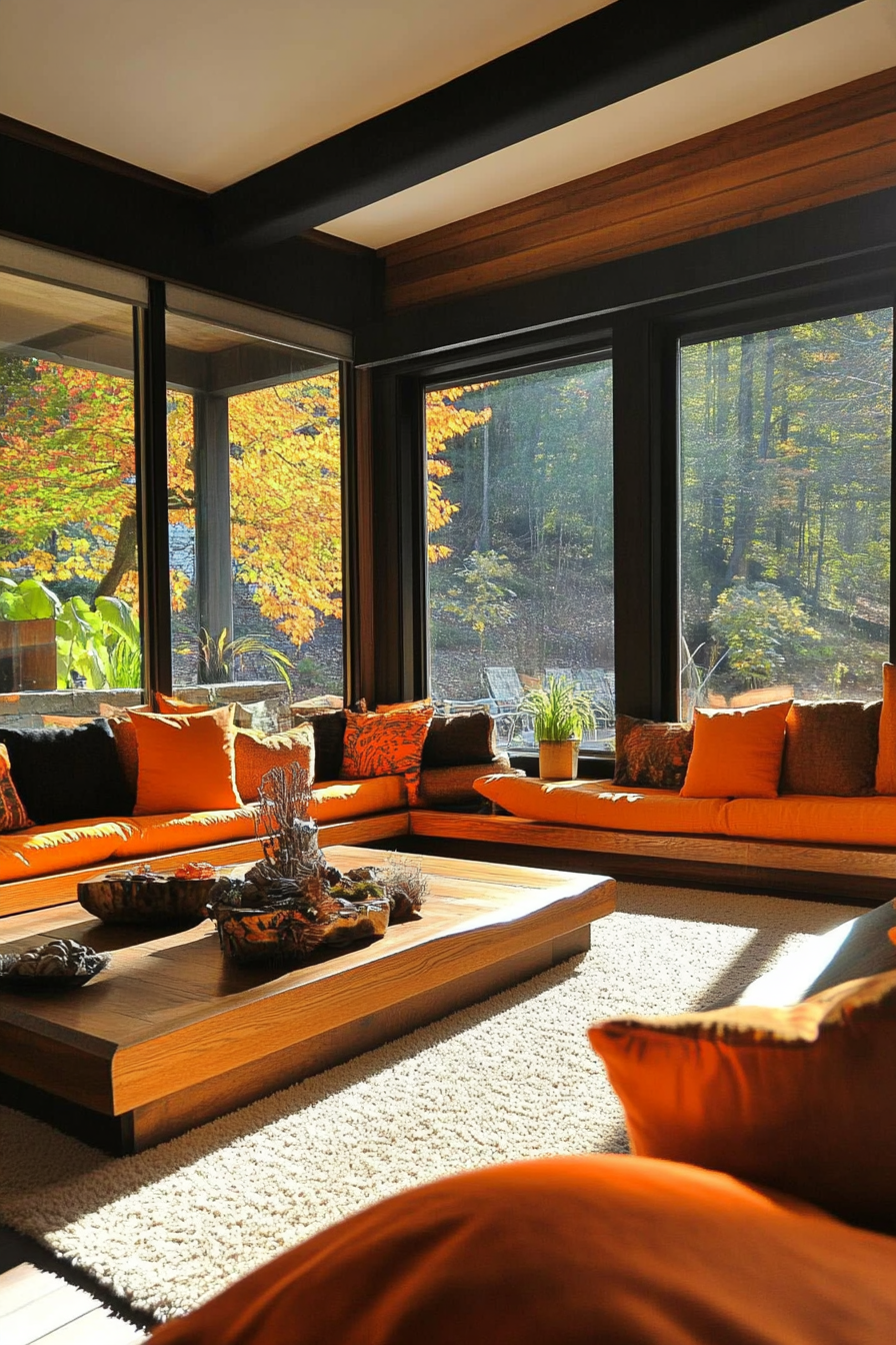 Fall living room. Wooden low seating furniture with orange cushion accents.