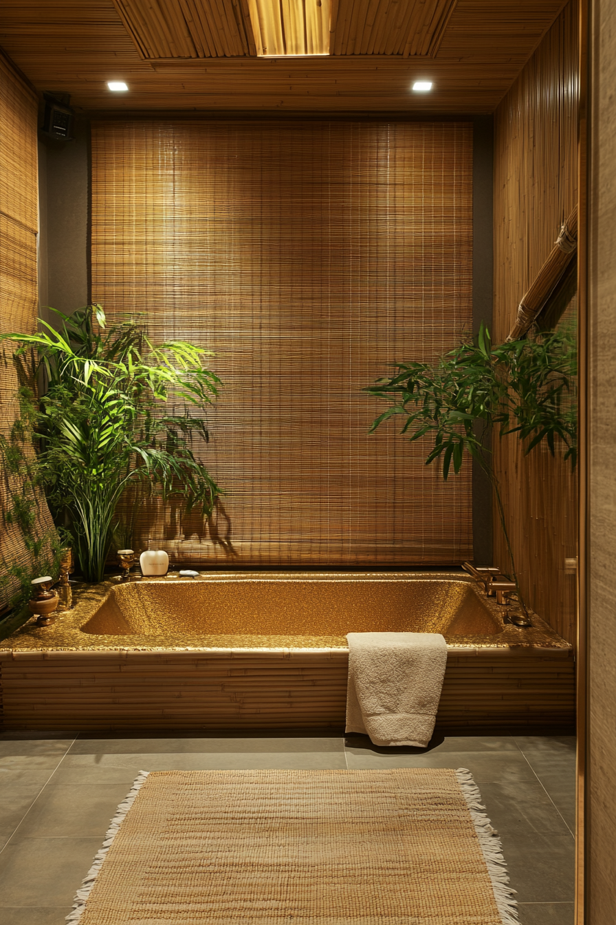 Small bathroom. Bamboo accents with gold-tinged relaxation bathtub.