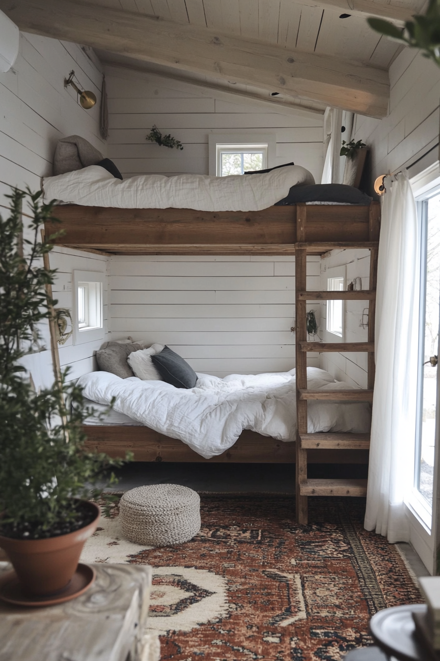 Tiny home interior. Wooden loft bed, white shiplap walls, Japanese bonsai, Scandinavian rug.