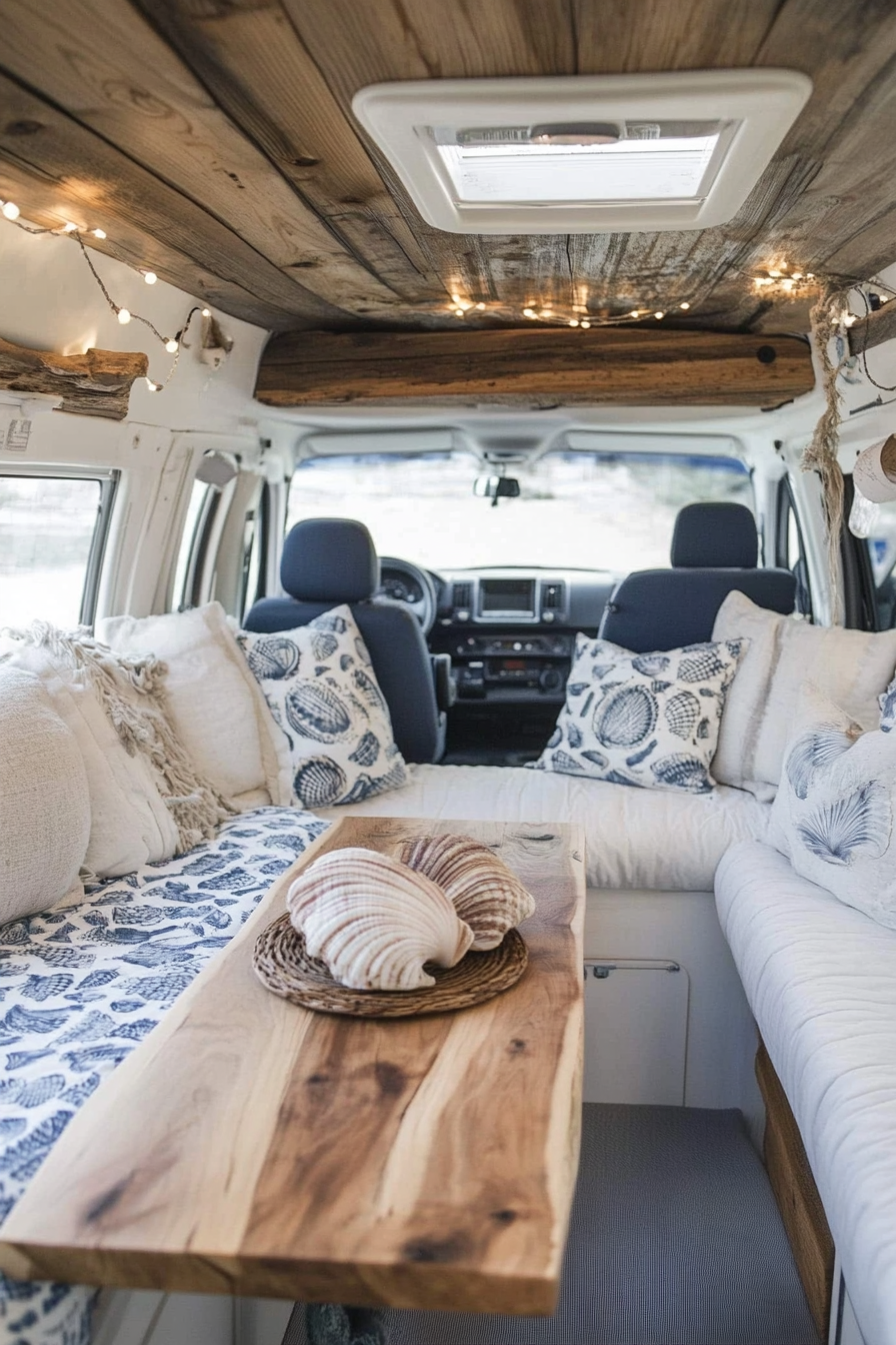 Camper van interior. Driftwood coffee table with nautilus shell pattern pillows.