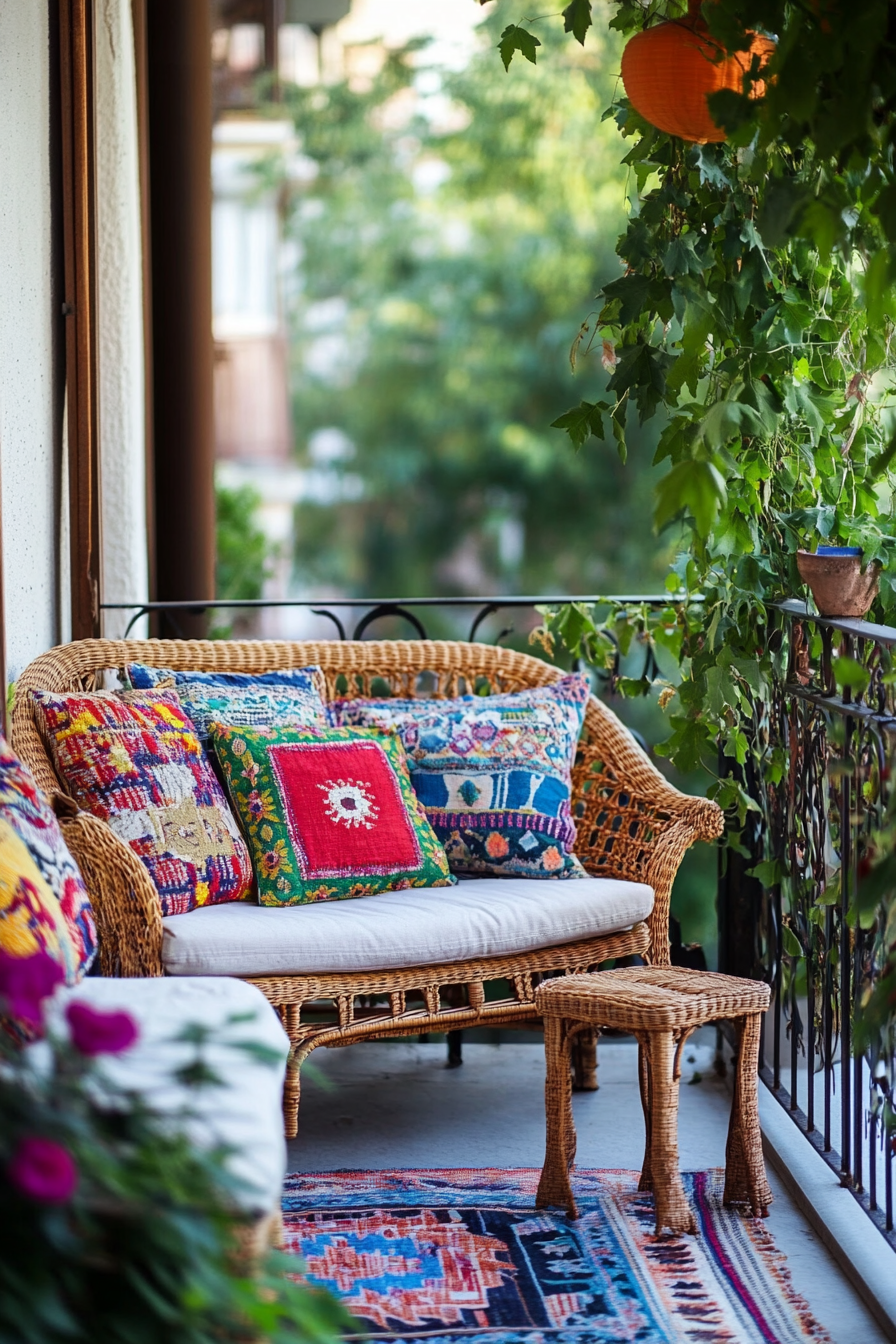 Urban Boho Balcony. Wicker furniture softened with colorful embroidered cushions.