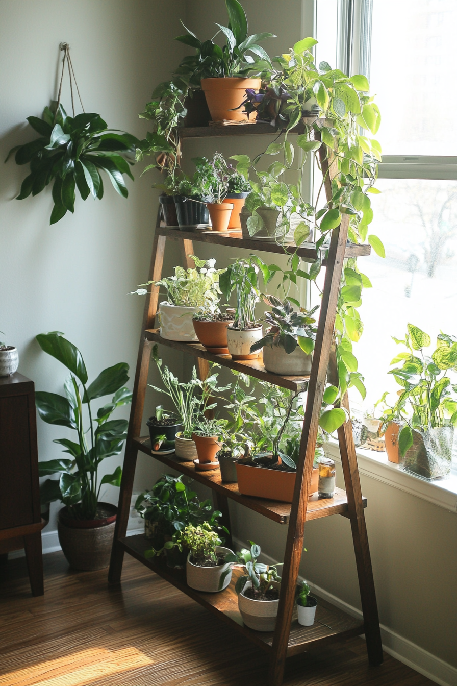 Small Apartment Storage Ideas. Potted plants on a tall, wooden ladder shelf.