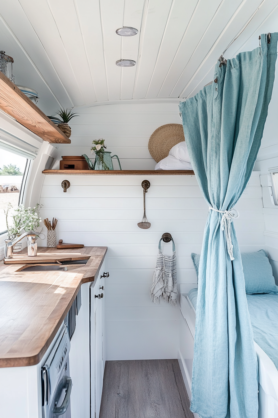 Coastal Camper Van Interior. Sky blue curtains, white ship lap walls, teak countertops.