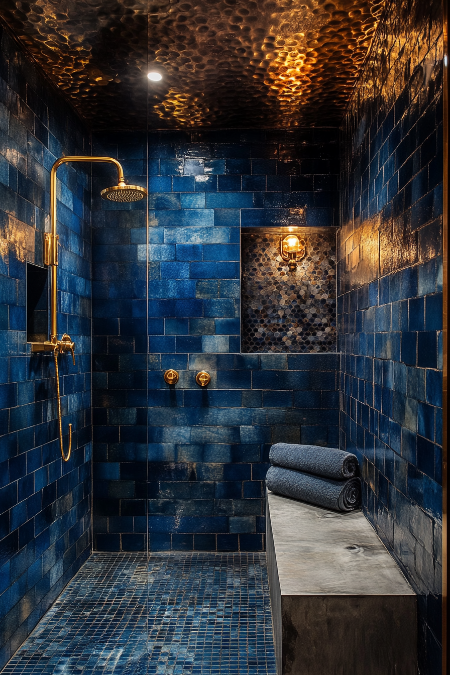 Small luxurious yoga center bathroom. Brass accents, midnight blue tiles.