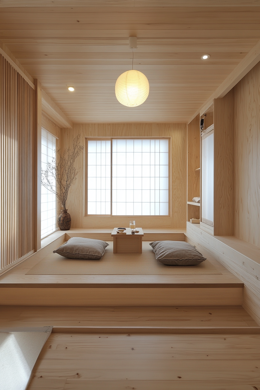 Tiny home interior. Compact tatami room with light wood furniture.