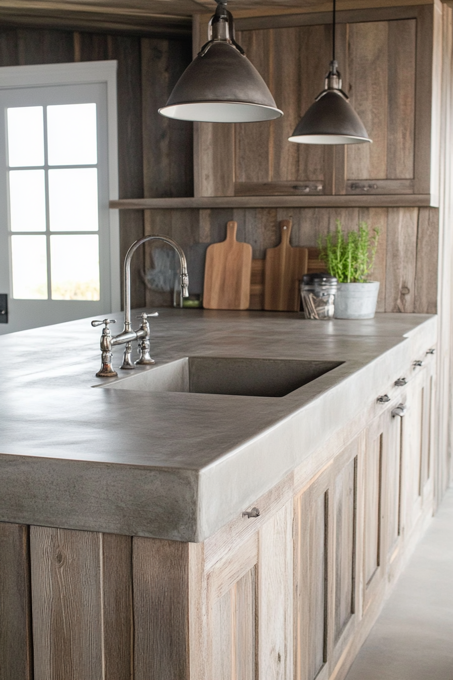 Farmhouse kitchen. Weathered wood cabinets and concrete countertops.