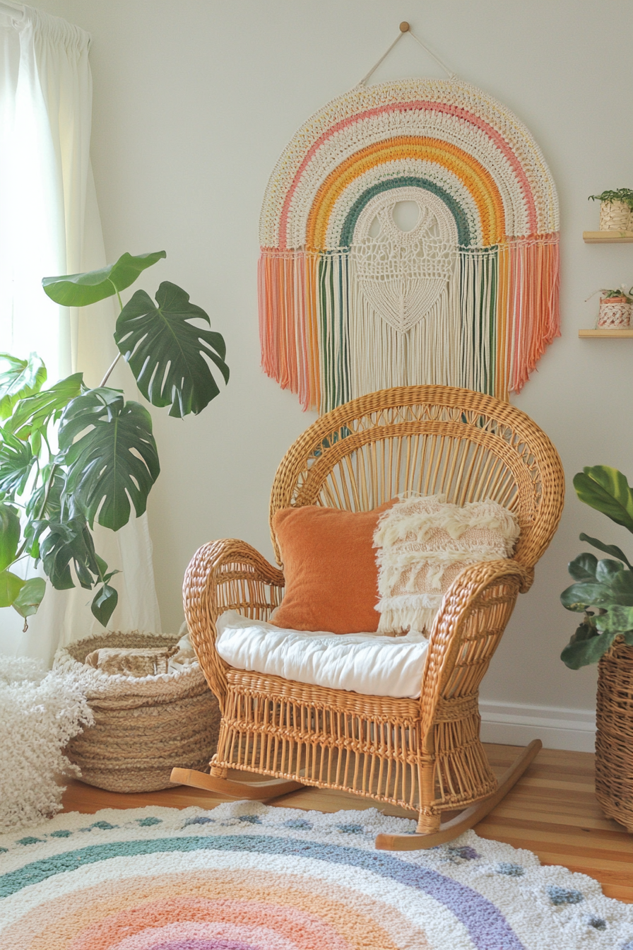 Bohemian nursery. Wicker peacock rocking chair with rainbow macrame wall hanging.