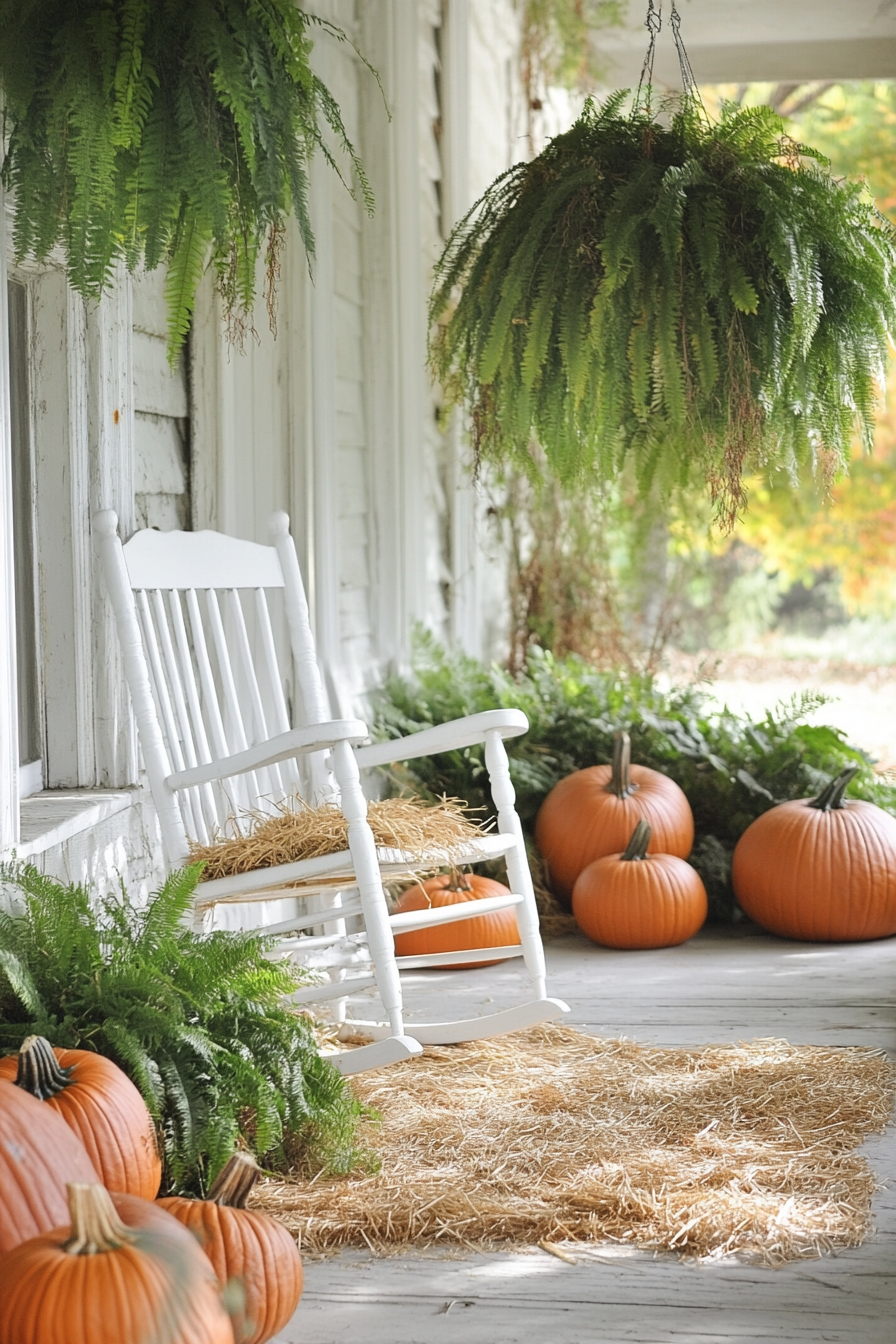 Fall porch. Hanging ferns surrounded by pumpkins and straw with a single white rocking chair.