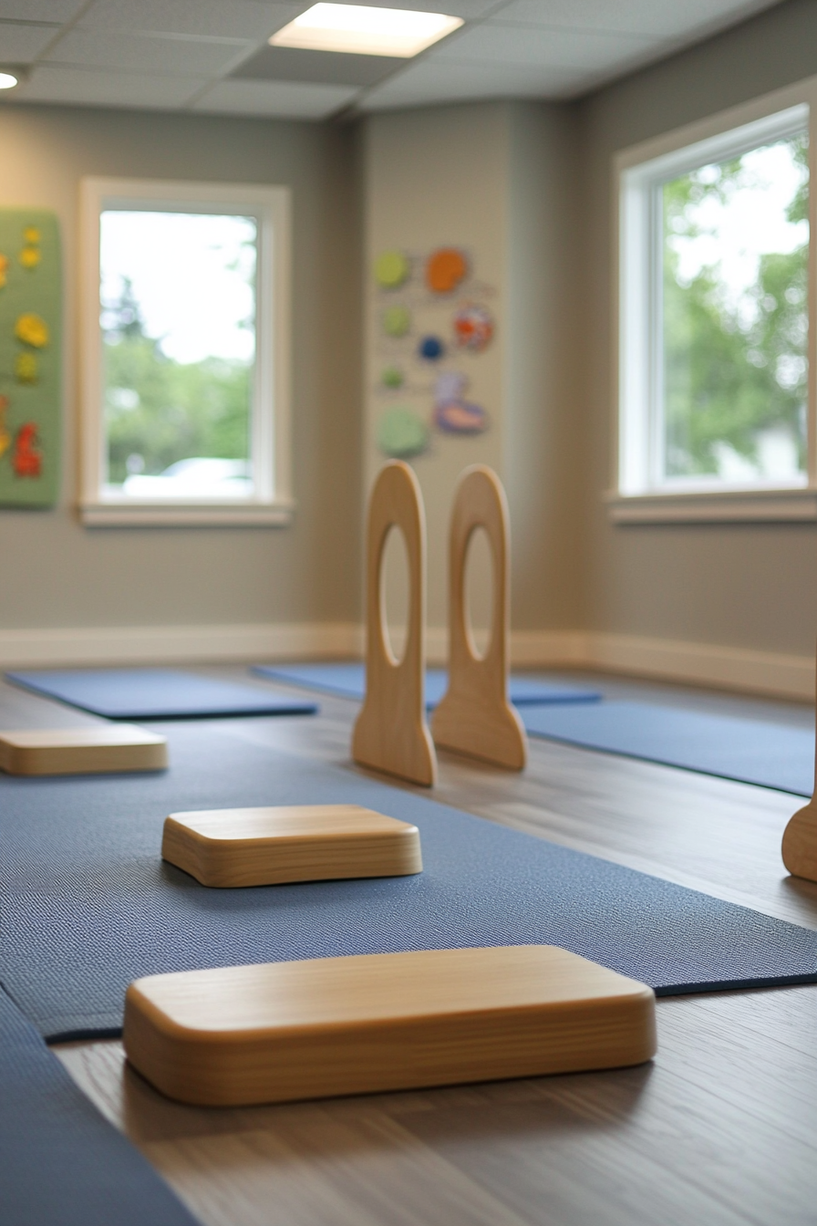 Kids' yoga area. Compact size, soft mats, Montessori wooden balance board.