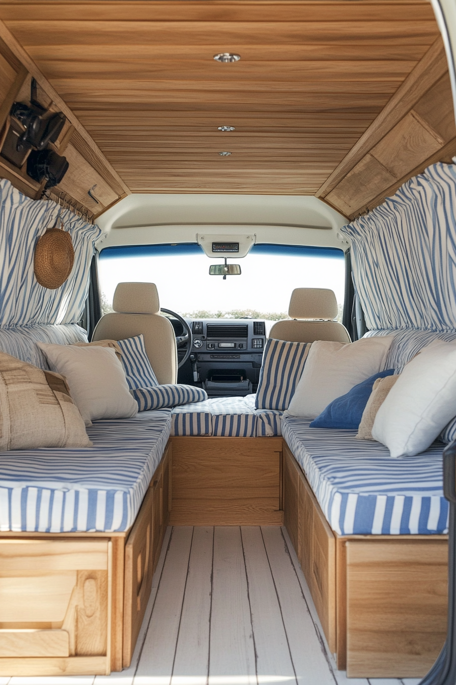 Camper Van Interior. Light wood finish with blue and white striped upholstery.