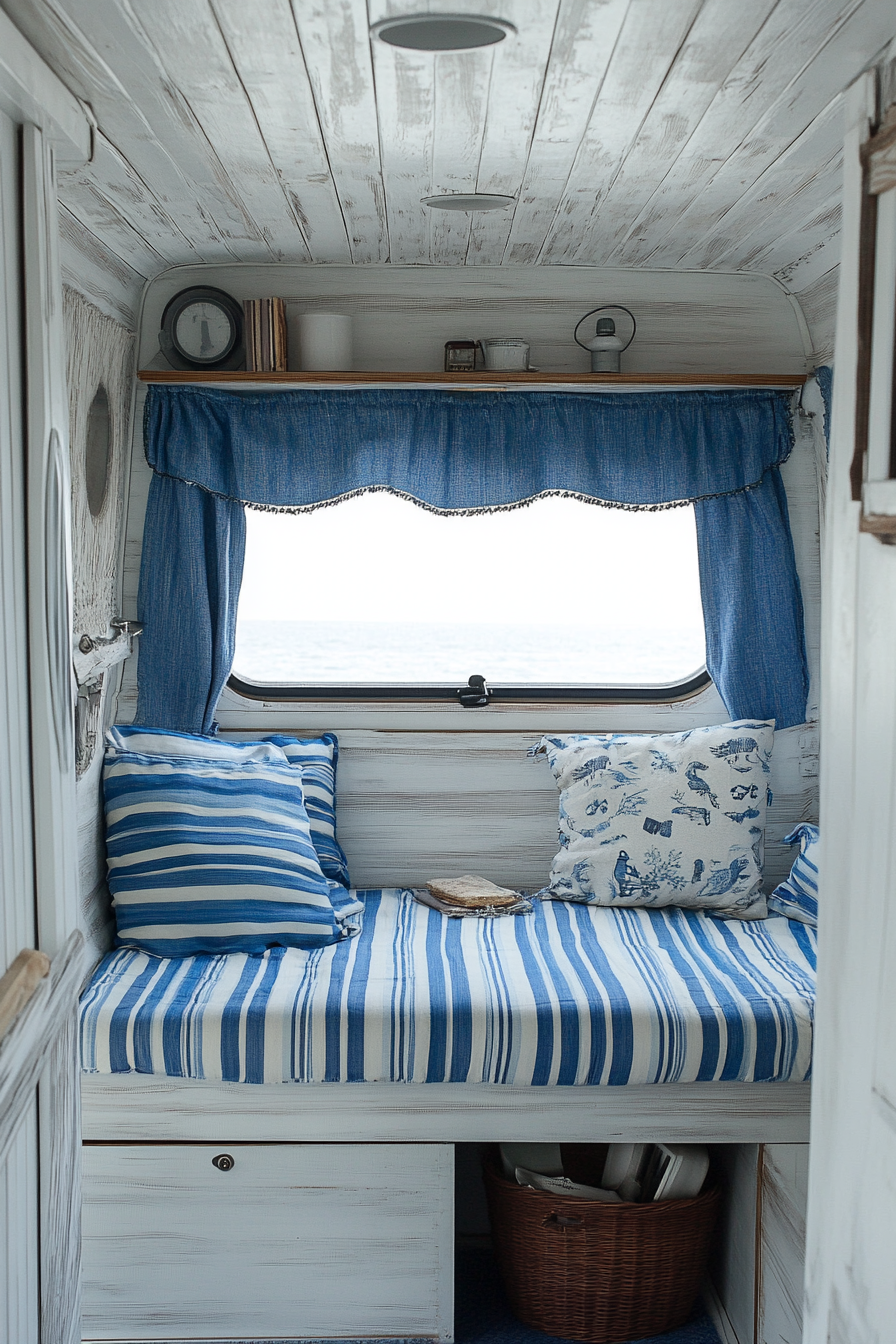 Coastal camper van interior. White-washed wood panels with blue striped upholstery.