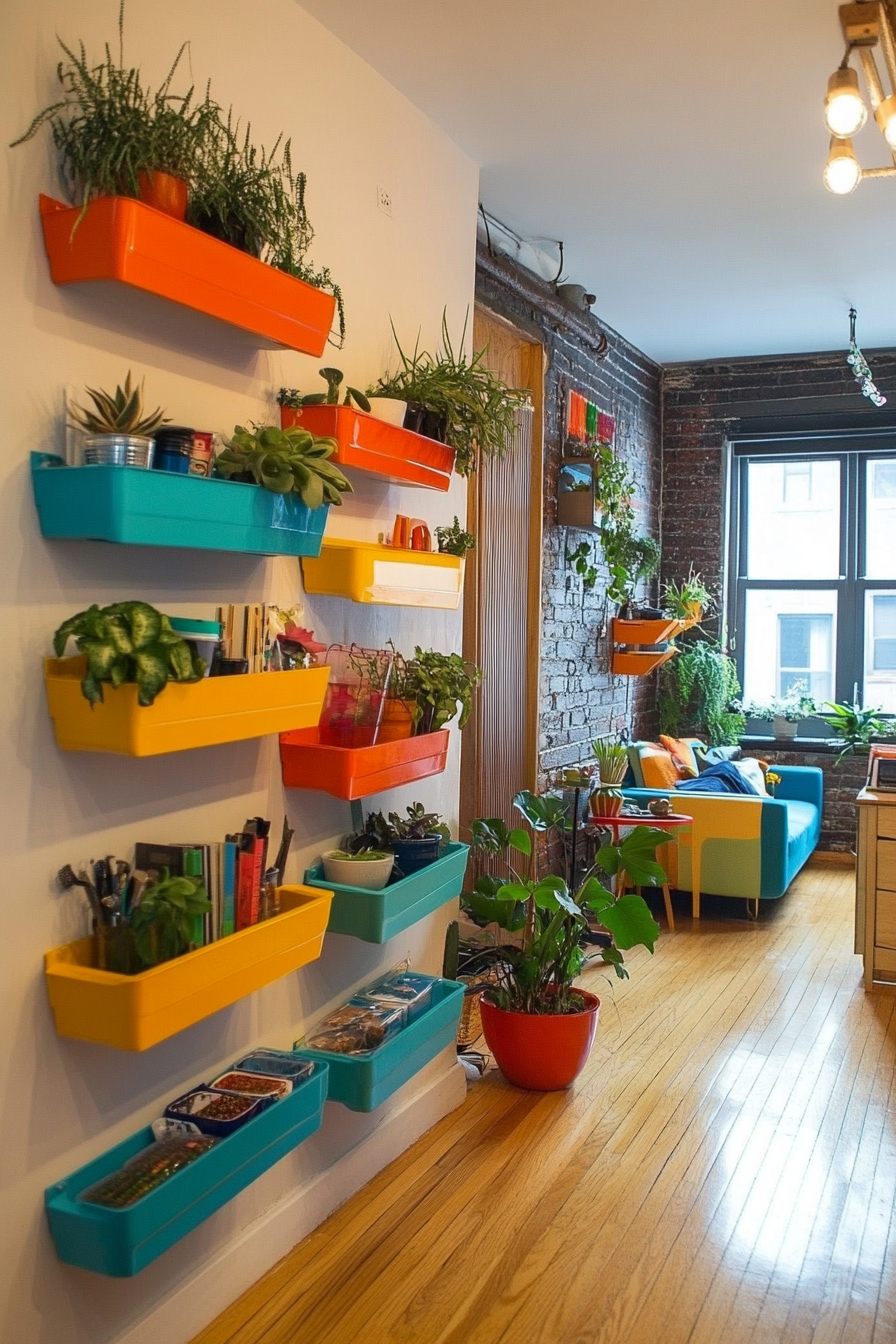 Small apartment storage idea. Wall-mounted shelves in bright colors.