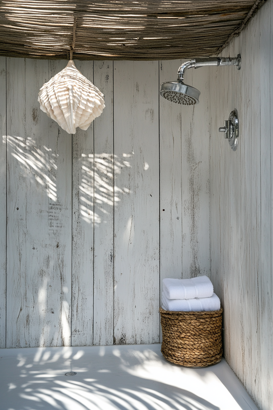 Outdoor shower setup. Whitewashed wood enclosure with overhead seashell shaped showerhead.