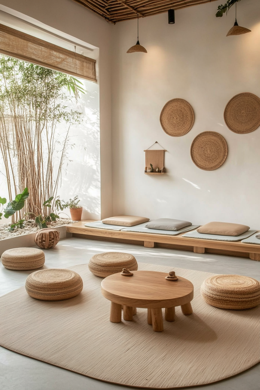 Compact Kids' Yoga Area. Mats in Earth tones with a low round wooden table.