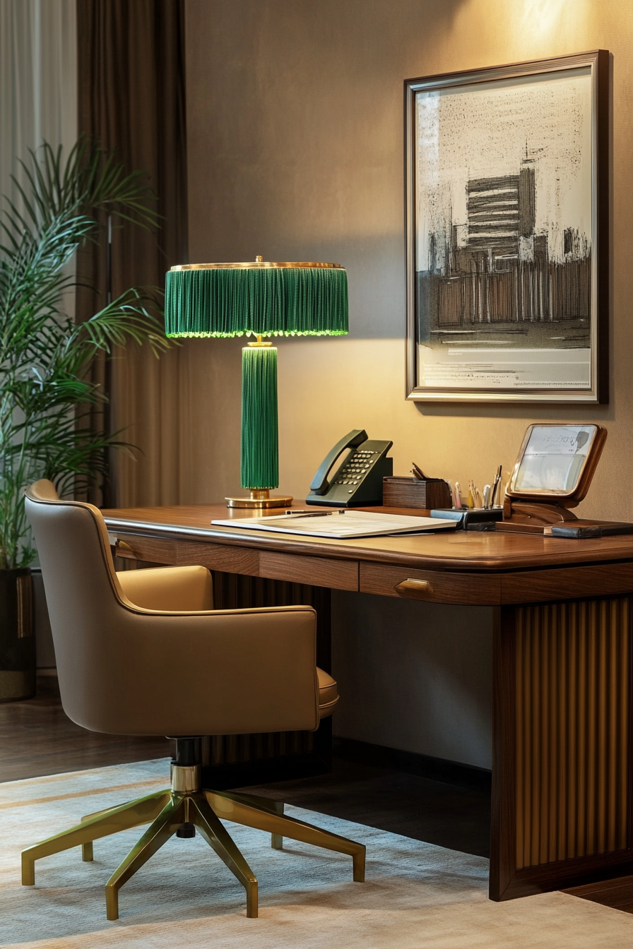 Remote work office. Art Deco, brass finish desk with tasselled green lamp.