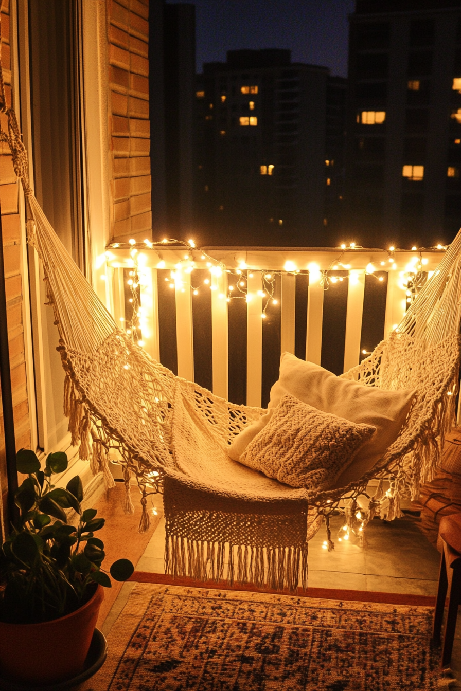 Urban Boho balcony. Fairy lights draped over a macrame hammock.