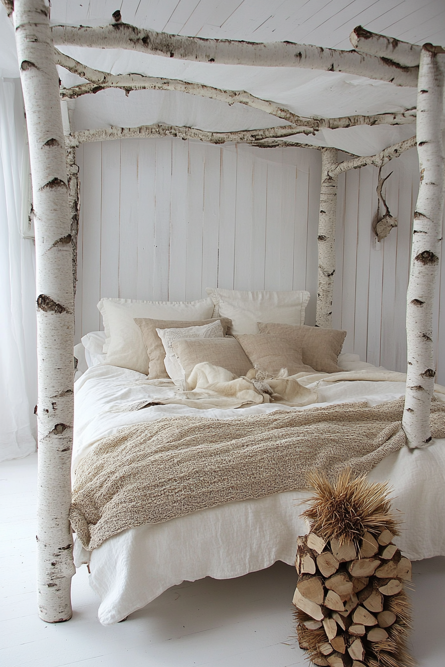 Fall bedroom. White birch canopy bed with dry wheat stack decor.