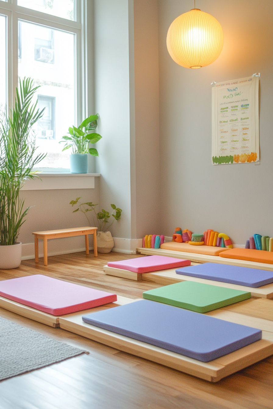 Kids' yoga area. Compact Montessori low table with pastel yoga mats.