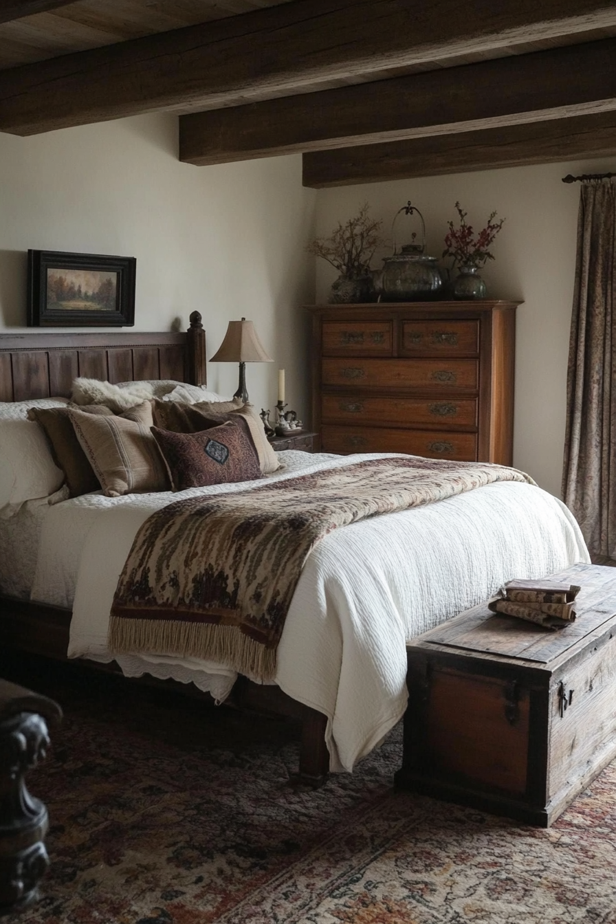 Fall bedroom. Earth tone linens with rustic wooden furniture.