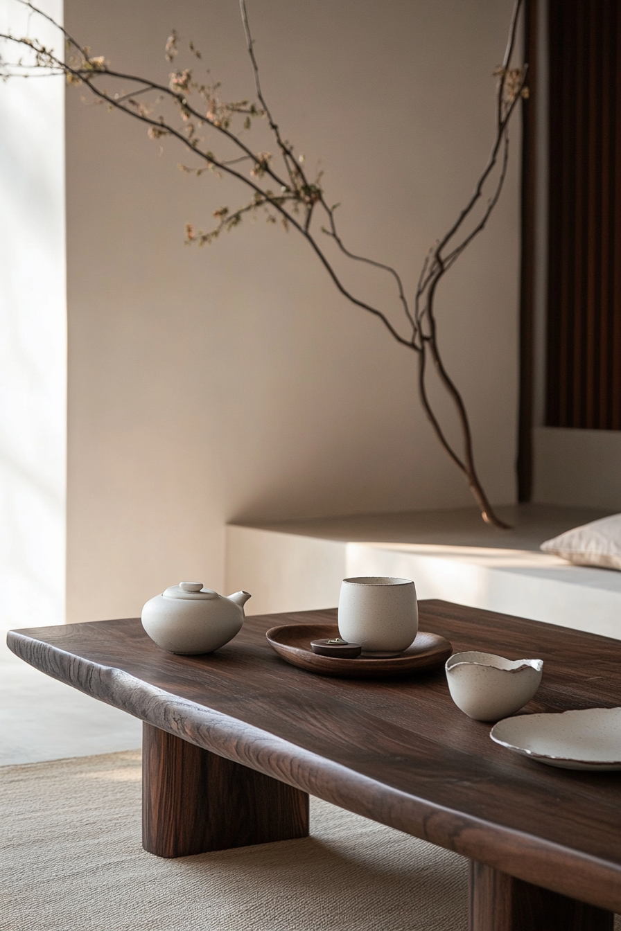 Fall living room. Dark wood low table with minimalist ceramic tea set.