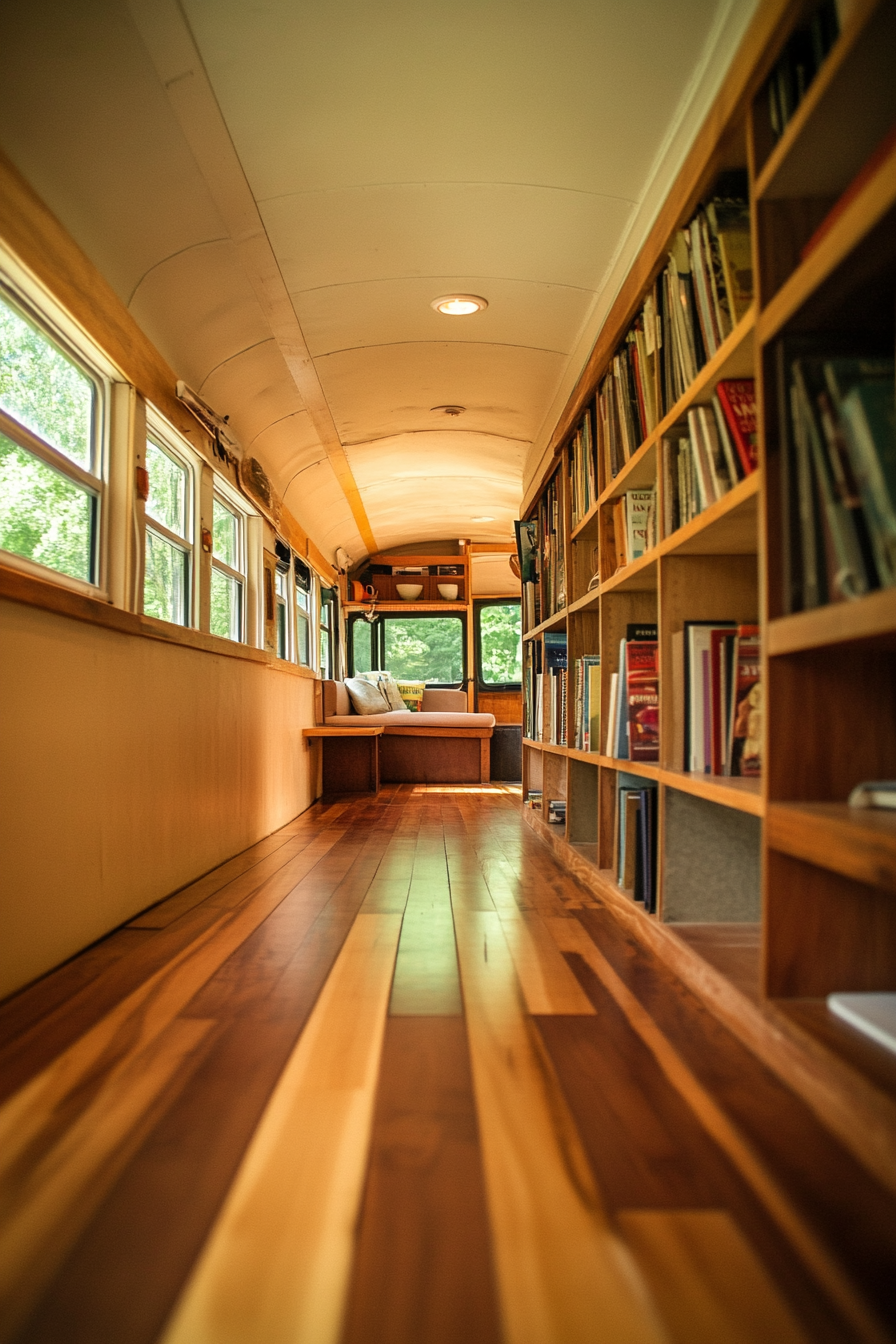 Converted school bus. Sleek wooden floors with built-in mahogany bookcase.