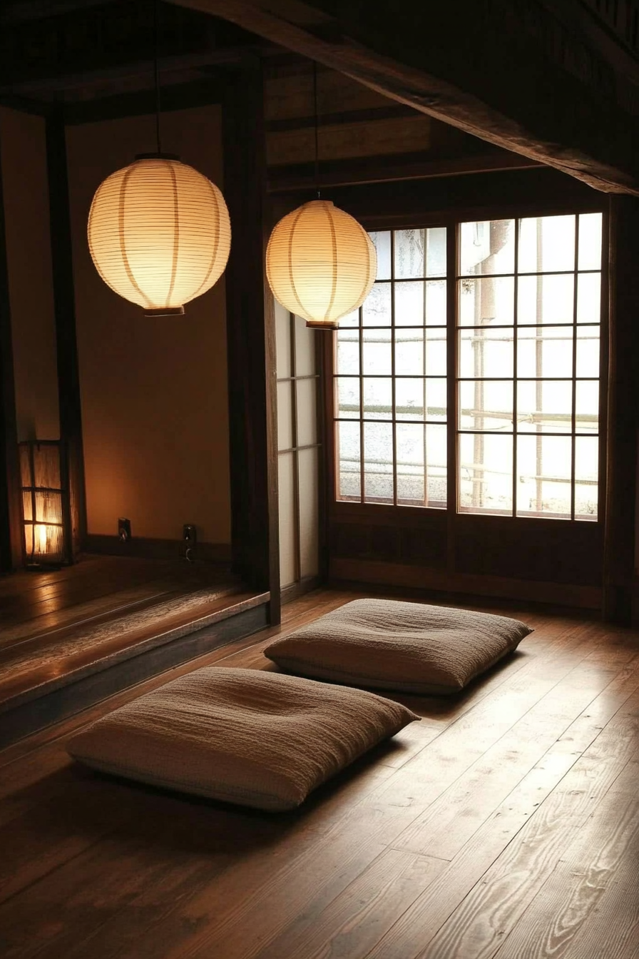 Tiny home interior. Minimalist wooden furniture with neutral-toned Japanese lanterns.