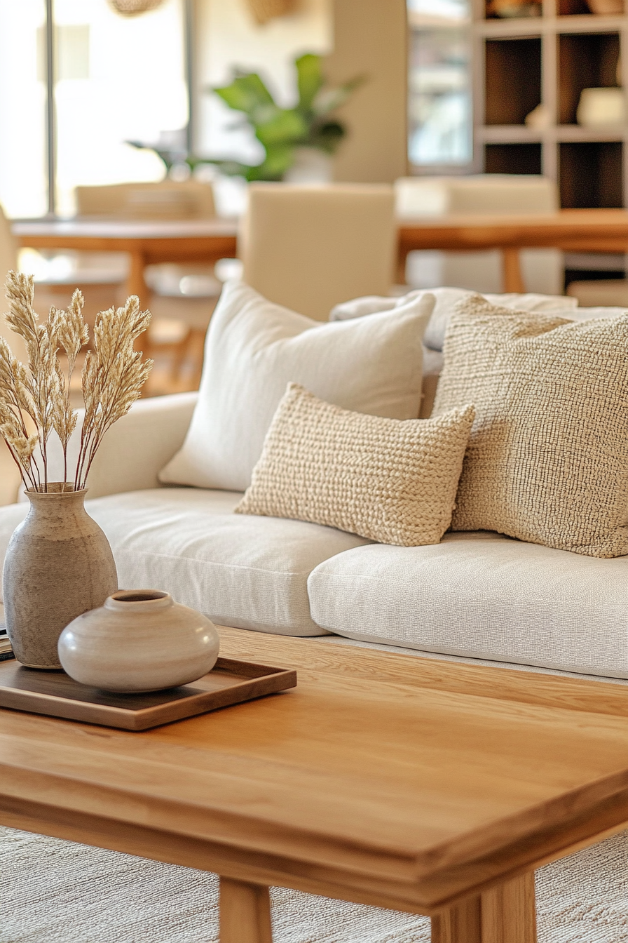 Fall living room. Wooden furniture with beige toned throw pillows.