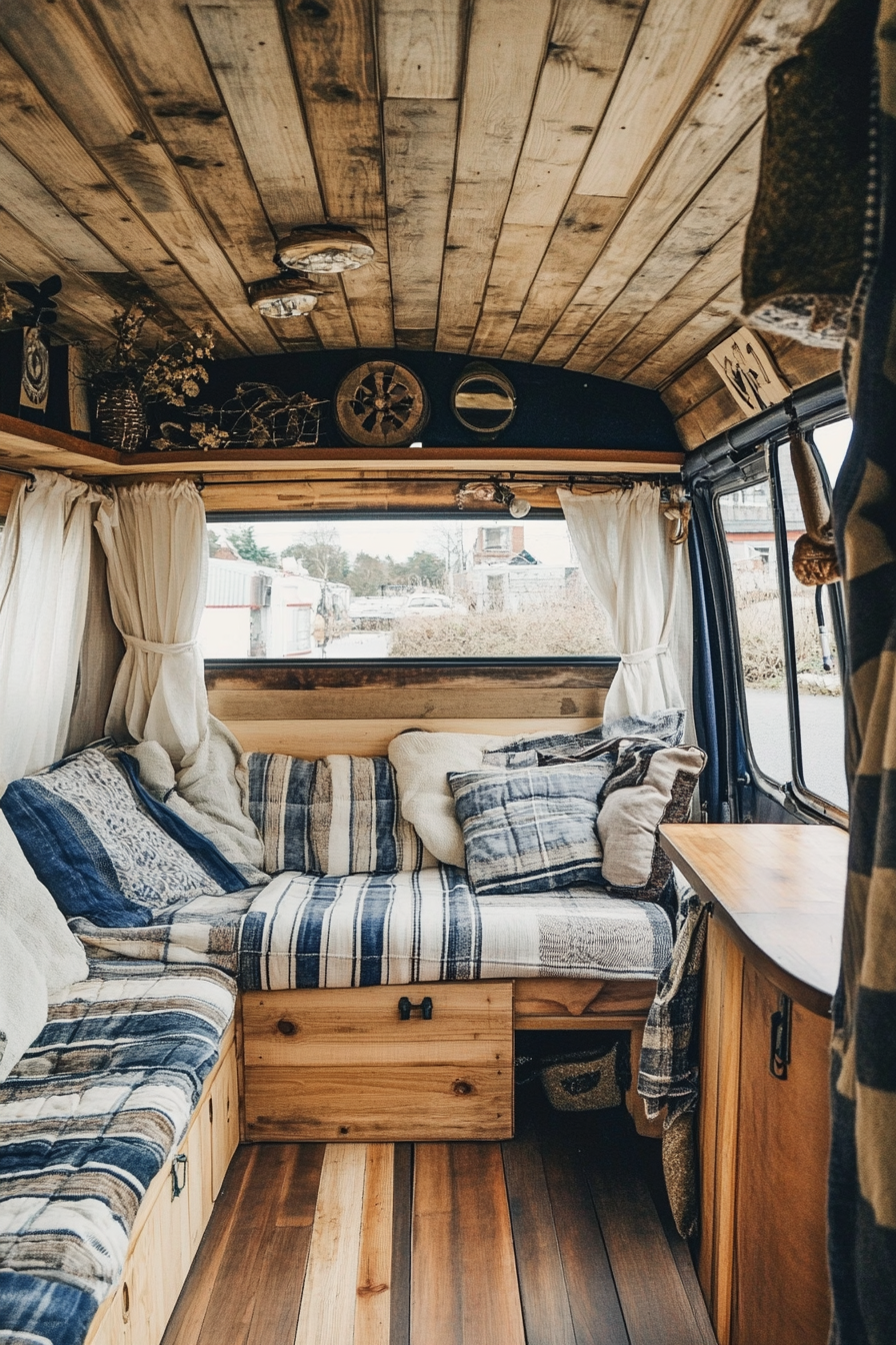 Camper van interior. Nautical themed upholstery and wooden surfaces.