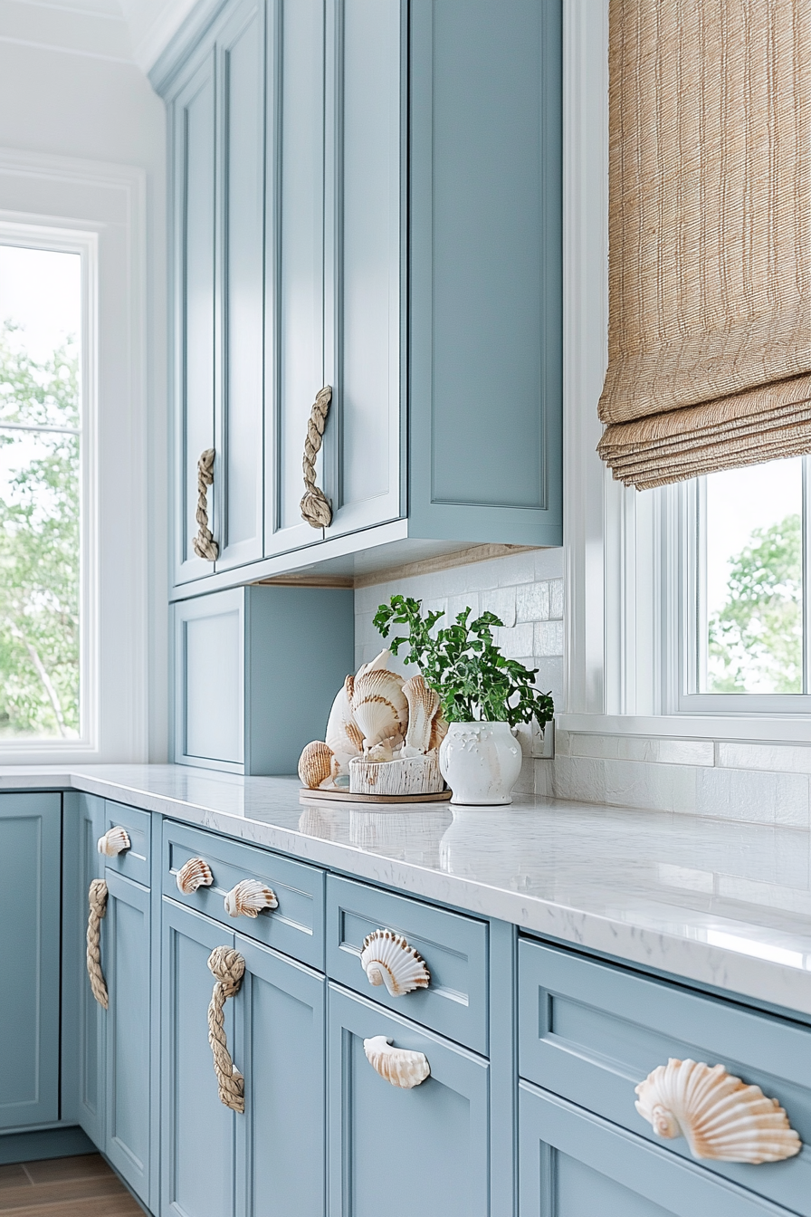 Coastal-themed kitchen. Pastel blue cabinets accented with braided seashell handles.