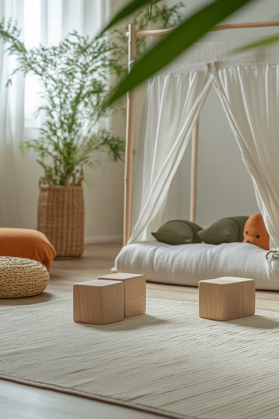 Compact kids' yoga area. Soft cotton mat, wooden yoga blocks, textured balance beam.