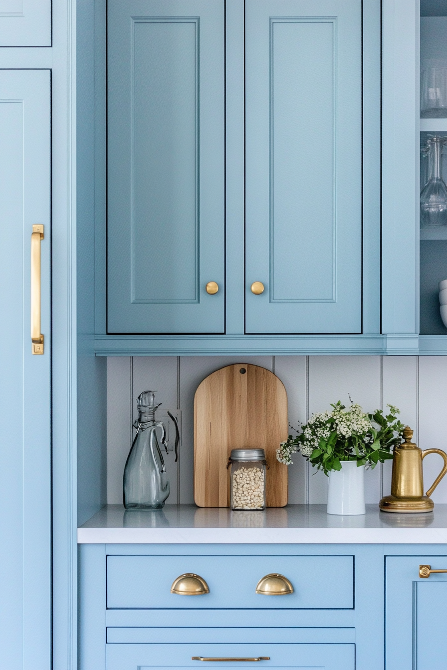 Coastal-themed vintage kitchen. Pastel blue cabinets and brass fixtures.