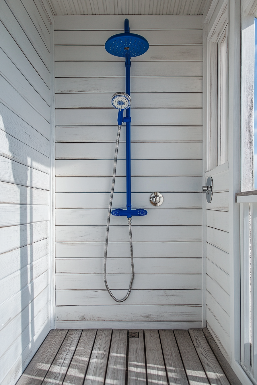 Outdoor shower setup. Whitewashed beach-wood with cobalt blue hardware.