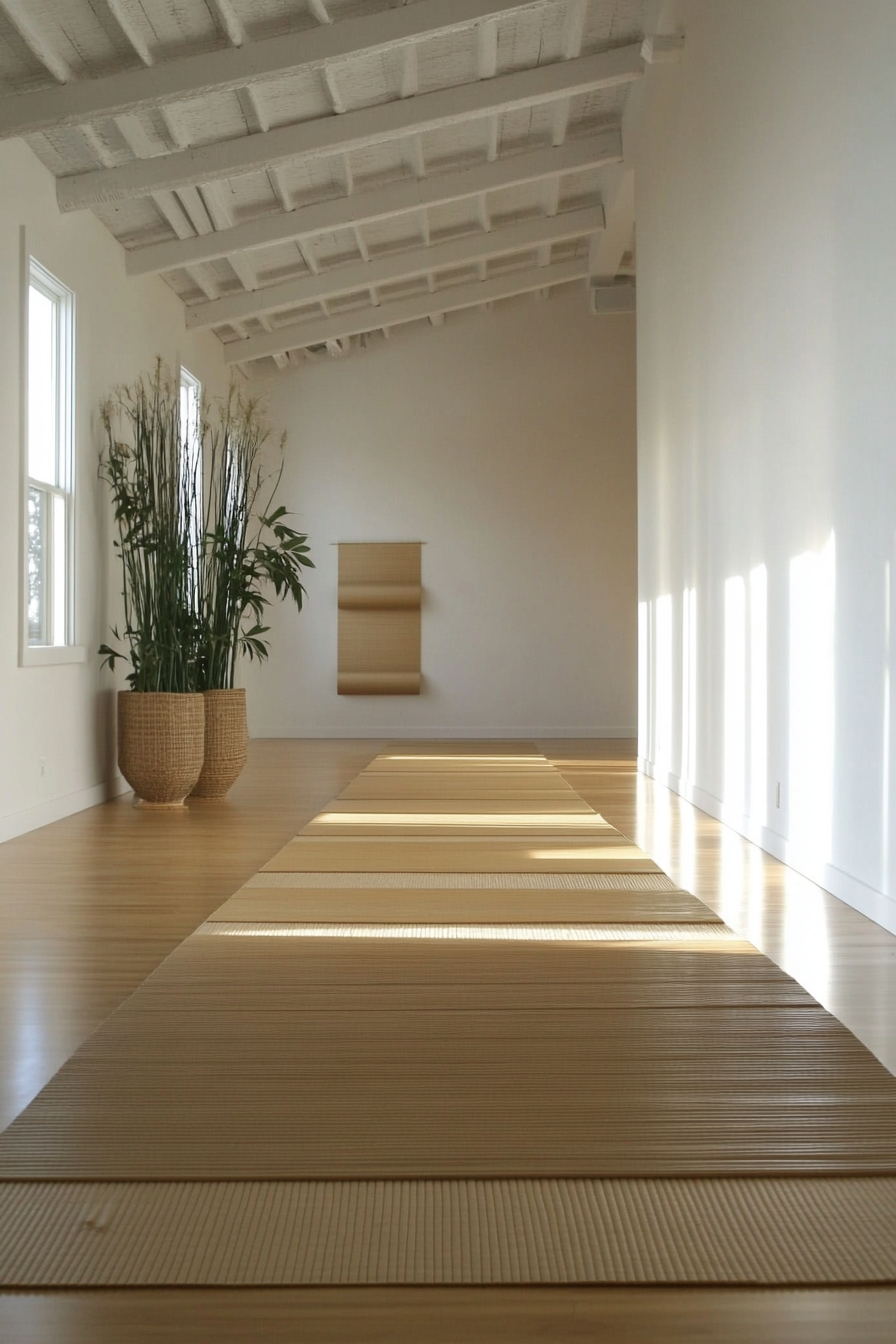 Yoga studio interior. Tranquil white walls with bamboo floor matting.