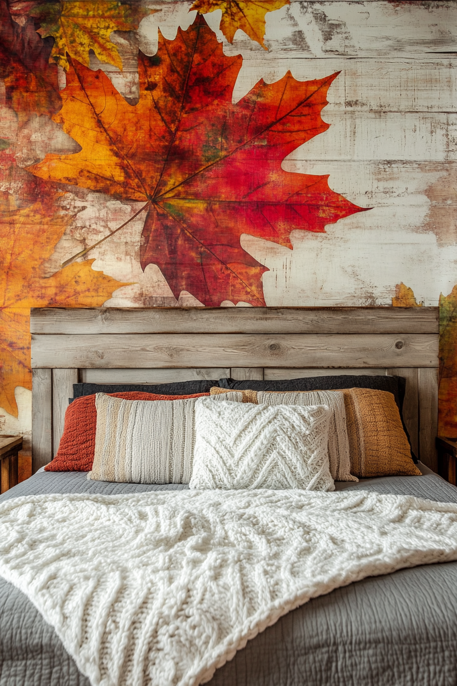 Fall bedroom. Grey washed wood bedframe, white-shaped throw blanket, vibrant autumn leaf mural.