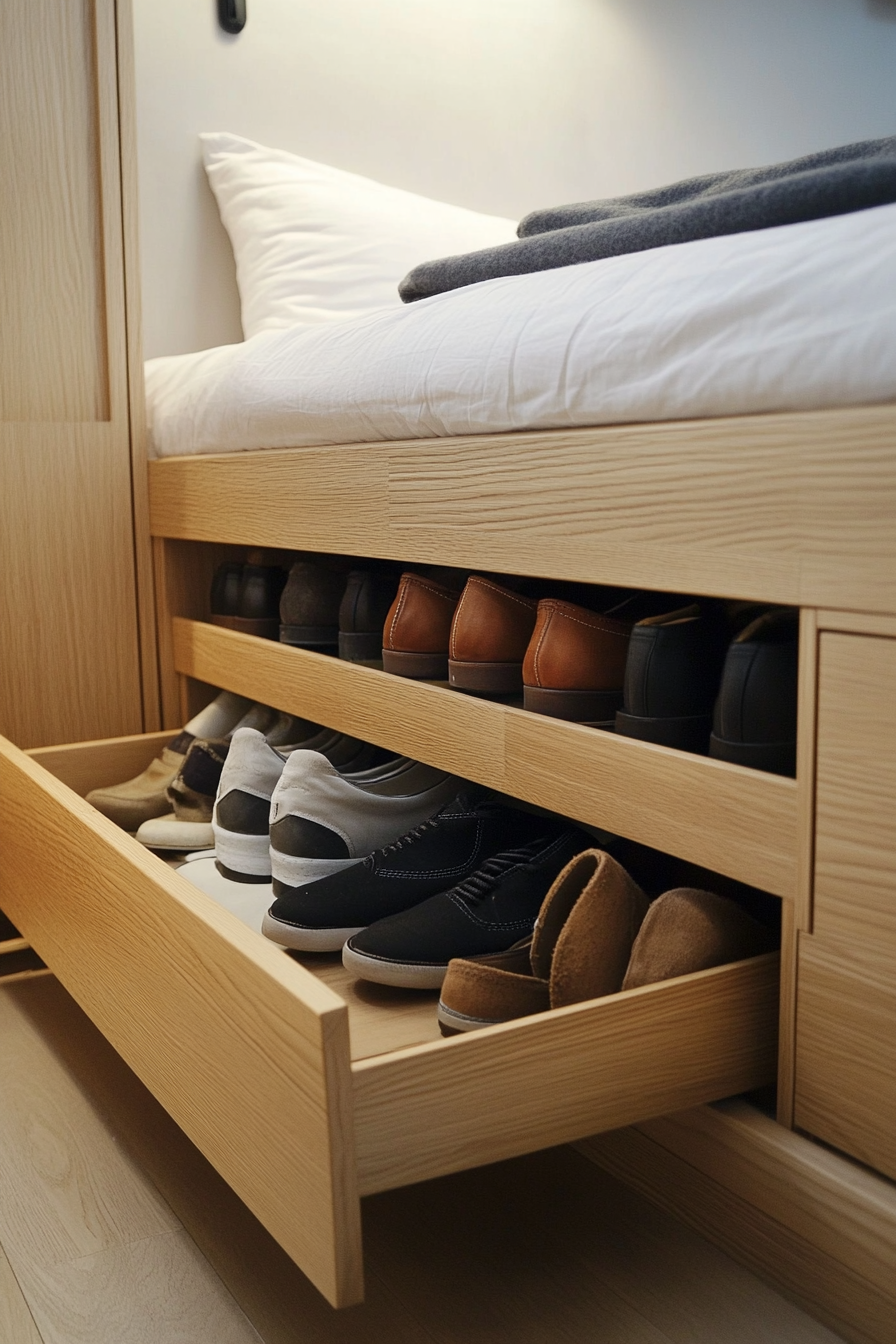 Small apartment storage. Clever shoe rack under the bed.