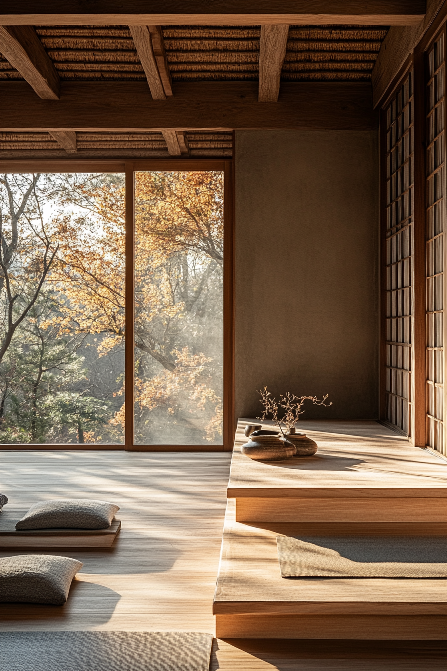 Japandi Home Yoga Studio. Low wooden platform tatami mat_sqrt.backgroundColor.lua.