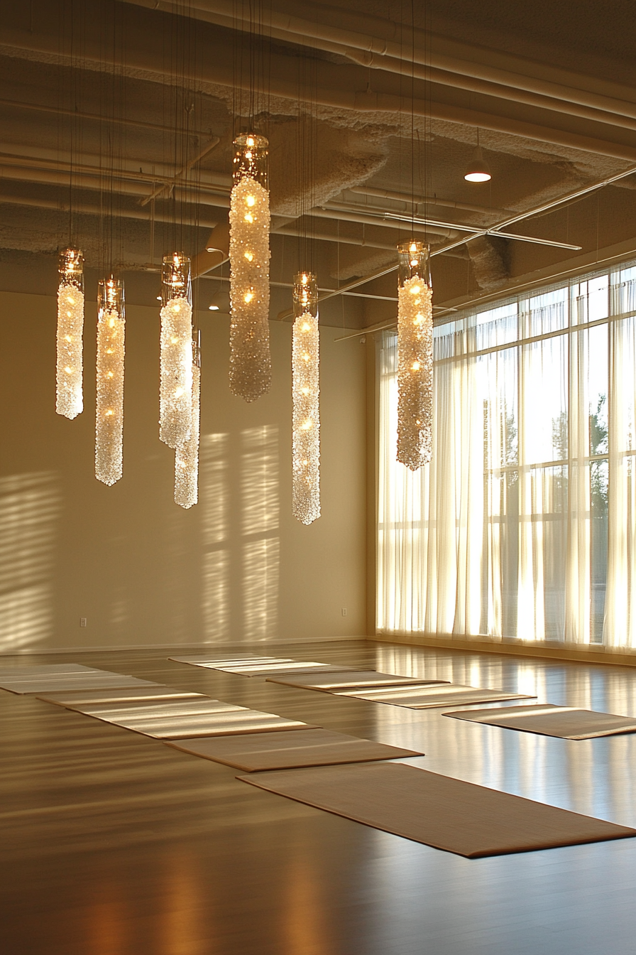 Upscale yoga studio interior. Dimmed lighting with salt crystal chandeliers.