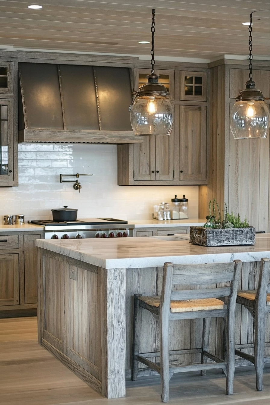 Coastal, vintage kitchen. Weathered-wood cabinets with nautical Pendant Lights.