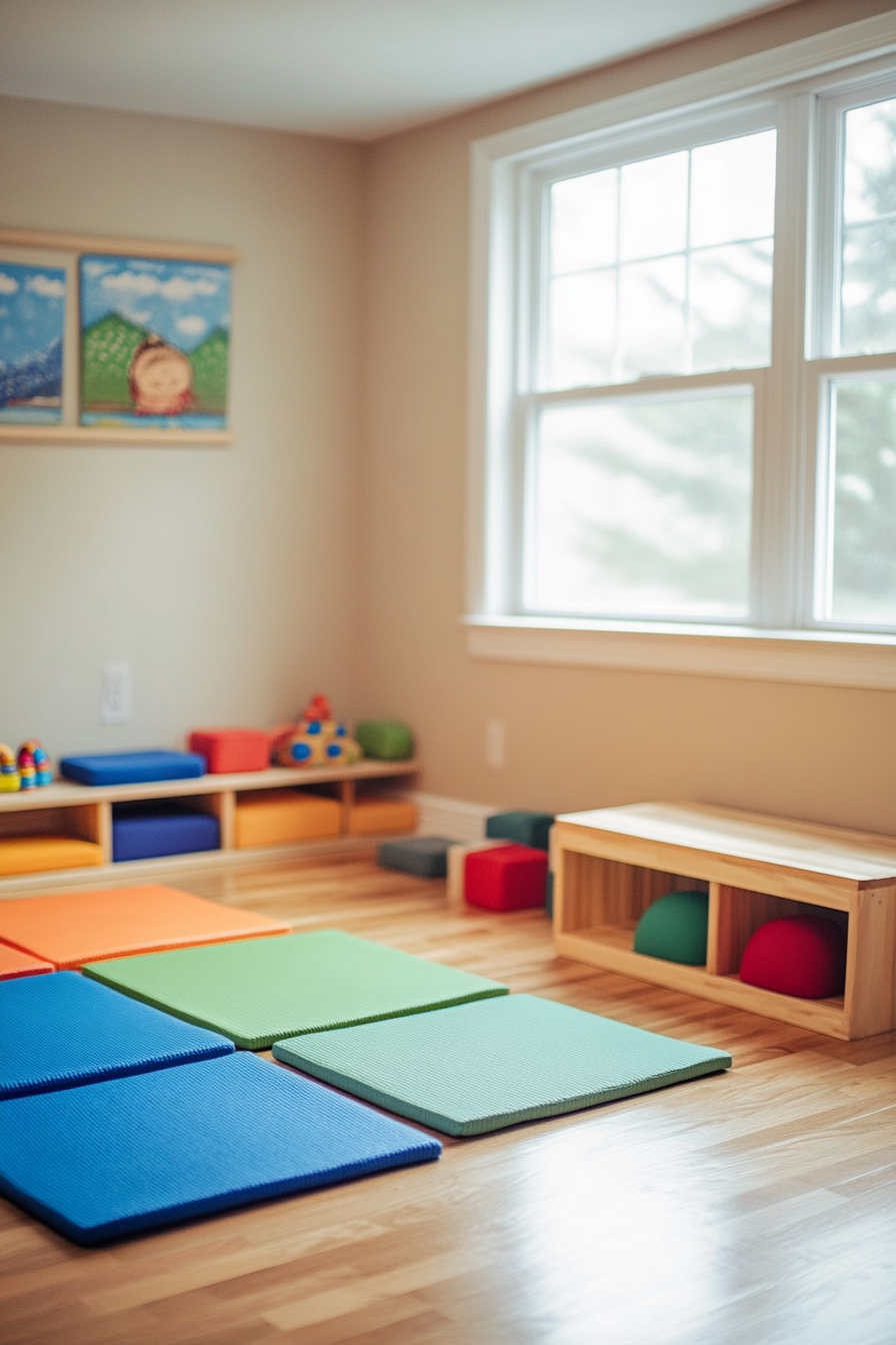 Compact kid's yoga area. Mats in primary colors, Montessori-inspired wood shelf with yoga blocks.