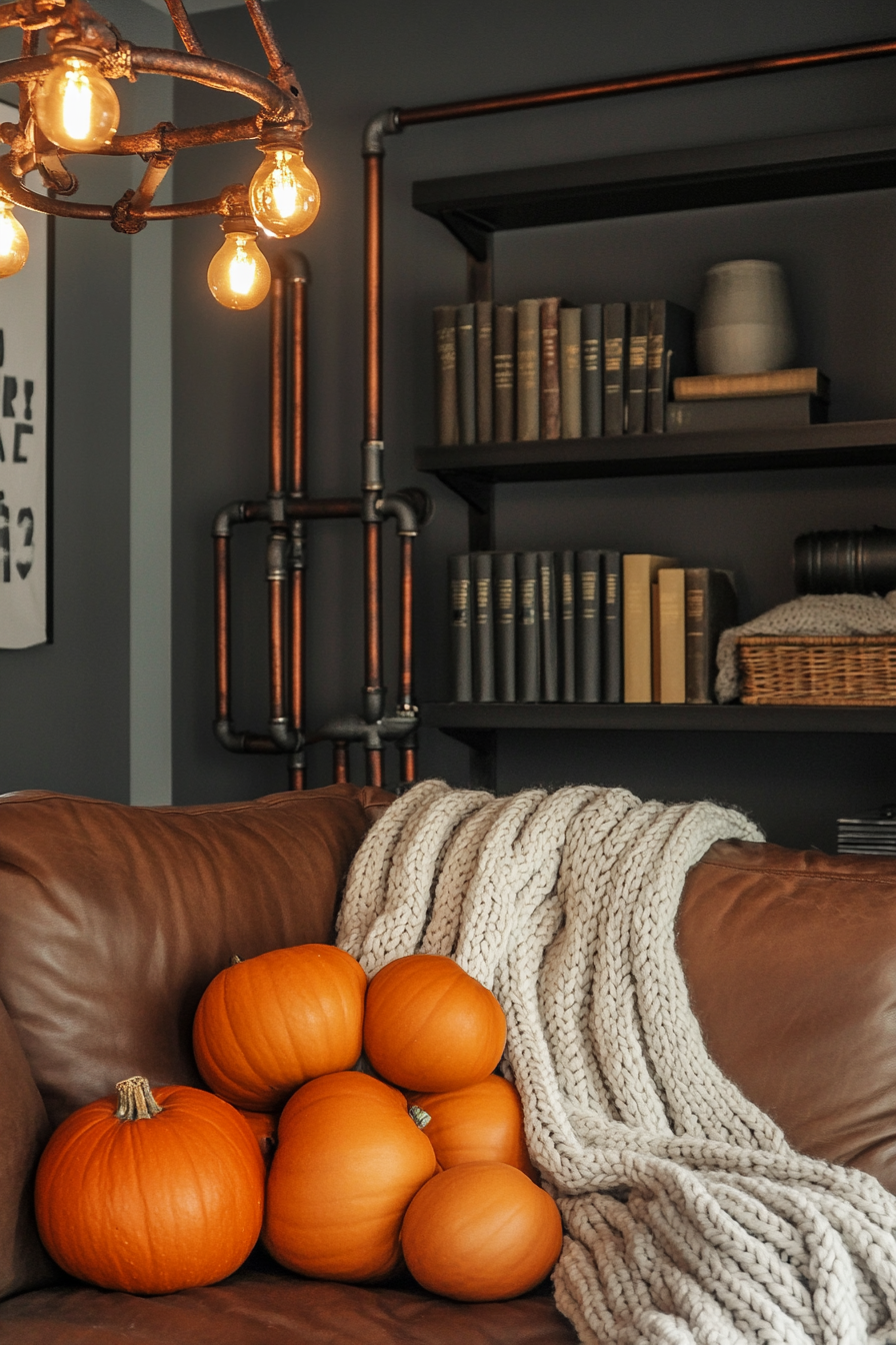 Fall living room. Leather couch with knitted throw blanket, iron pipe bookshelf, and a rusted chandelier.