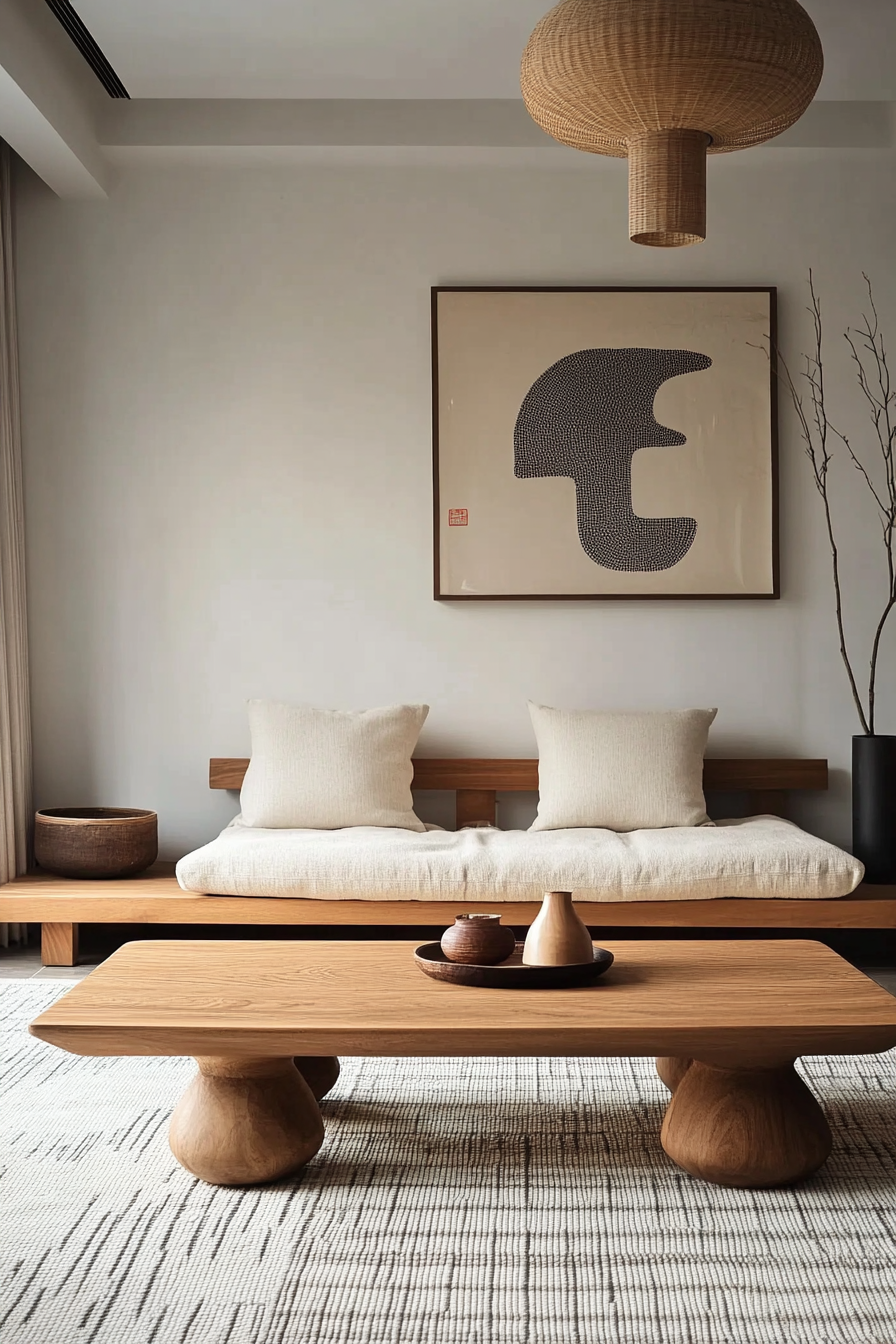 Japandi minimalist living room. Wooden coffee table with simple geometric pattern rug.