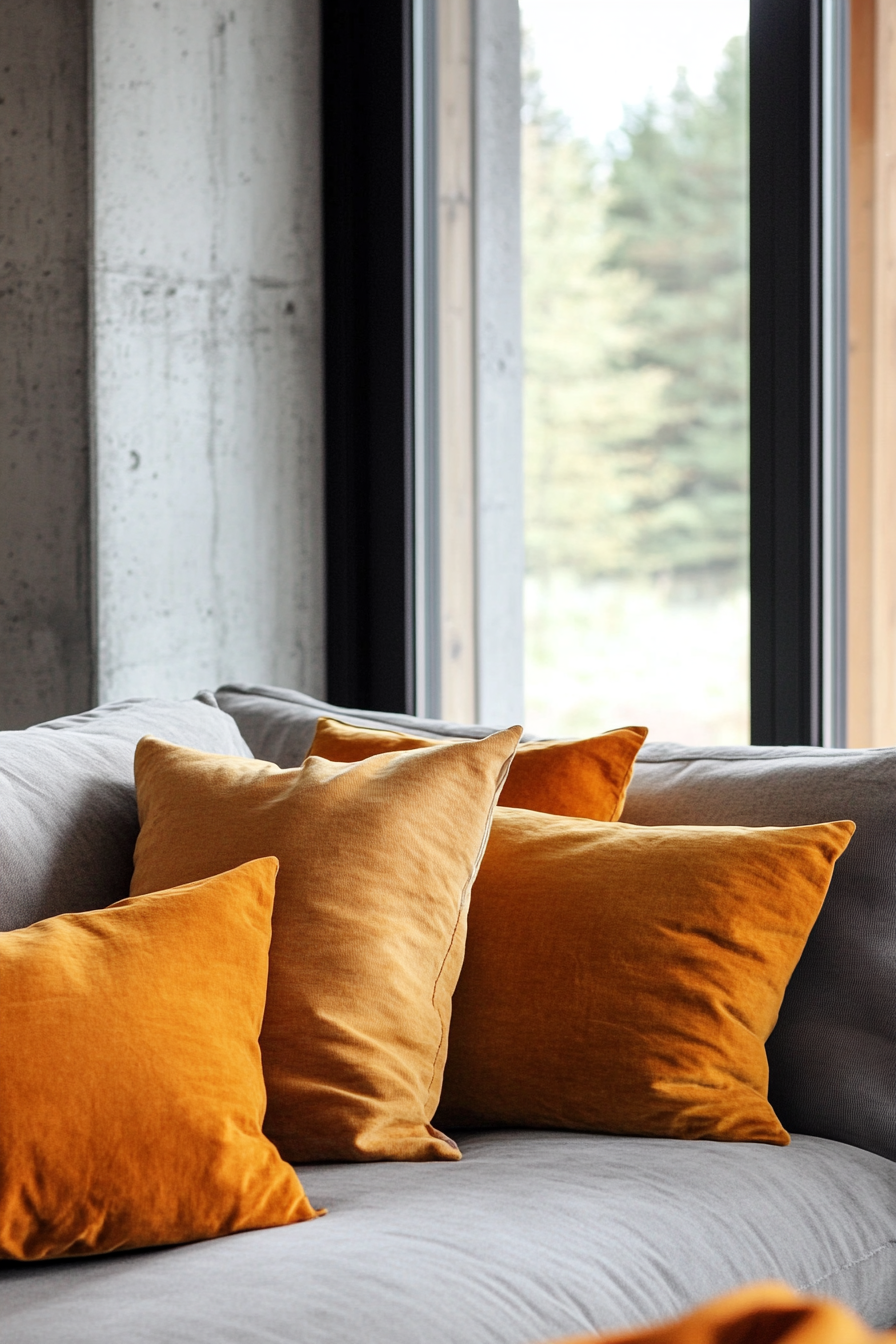 Fall living room. Grey concrete walls with warm ochre-toned throw pillows.