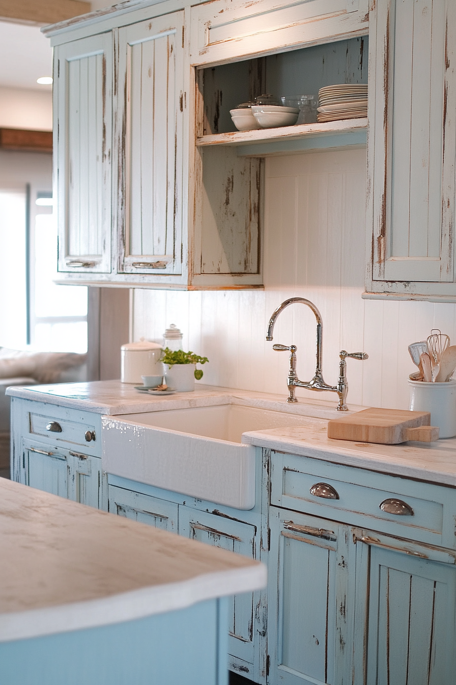 Coastal-themed vintage kitchen. Pastel blue cabinets with distressed white finishing.